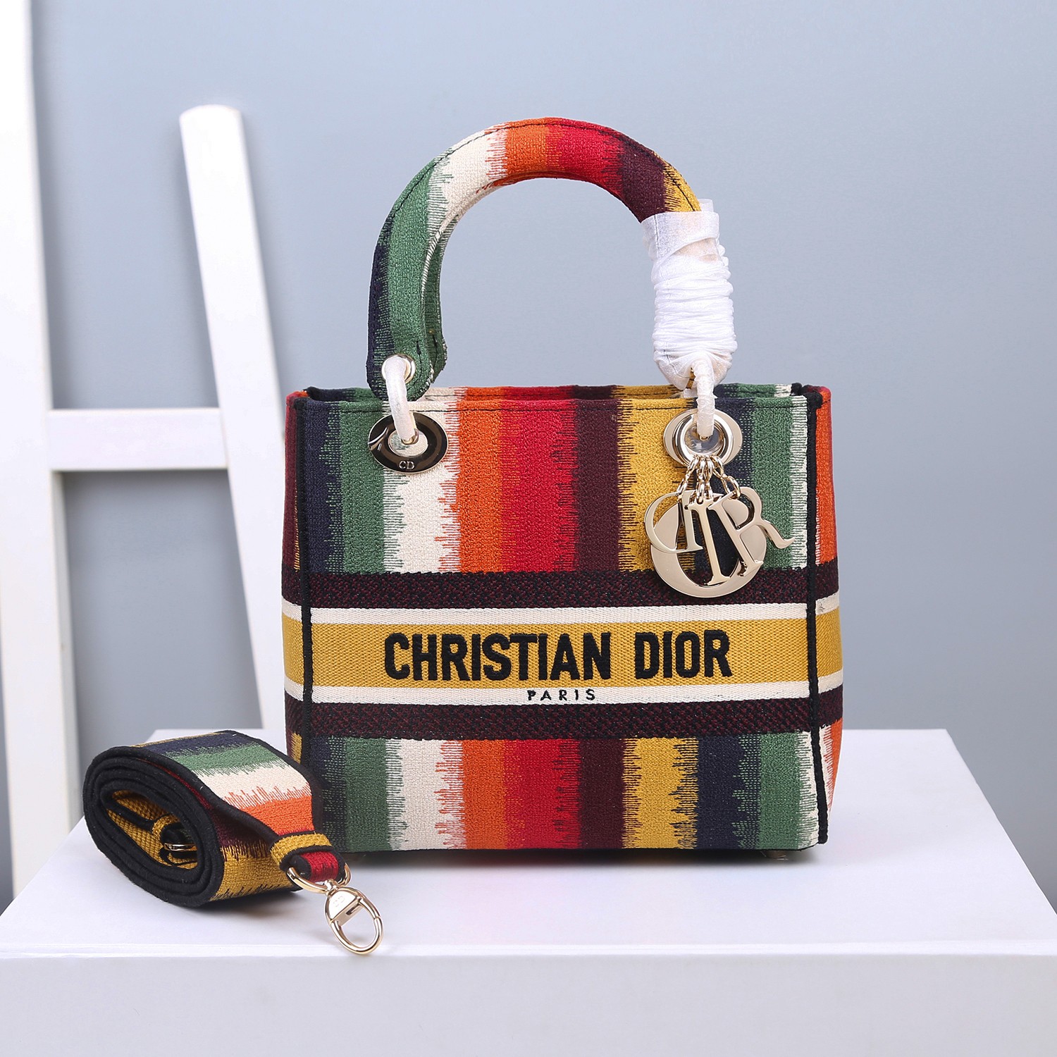 Dior Five panels of embroidered rainbow stripes